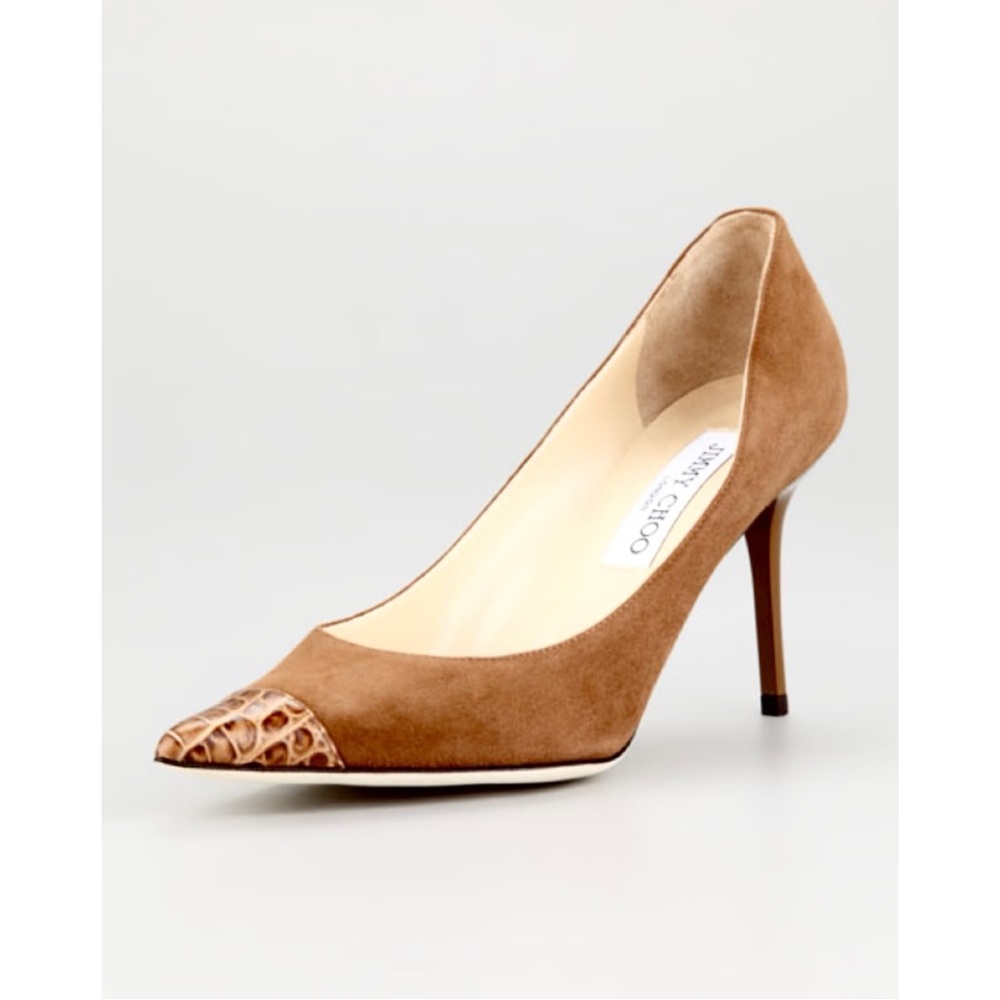 JIMMY CHOO ‘Alias’ Suede Mock Croc Toe Heels in Camel